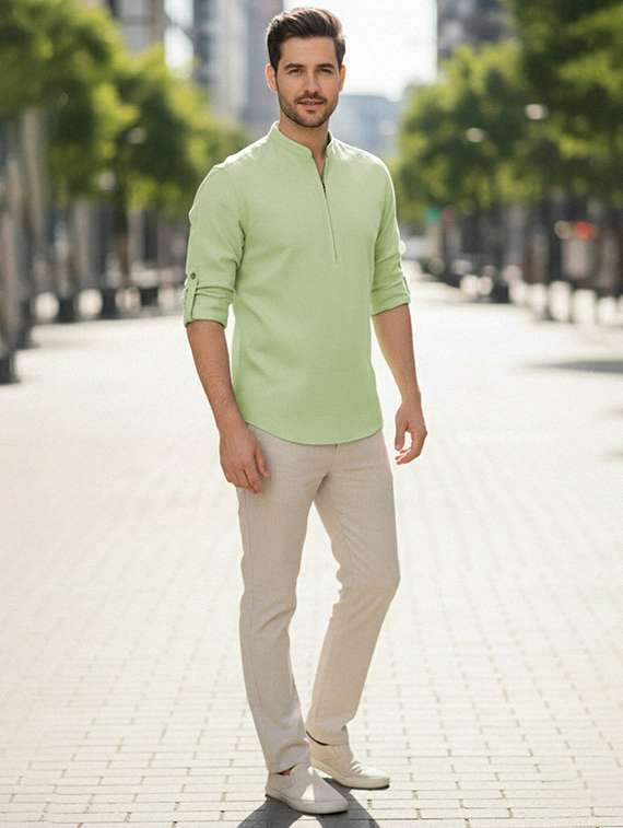 men solid mandarin neck short kurta - 22327514 -  Standard Image - 3