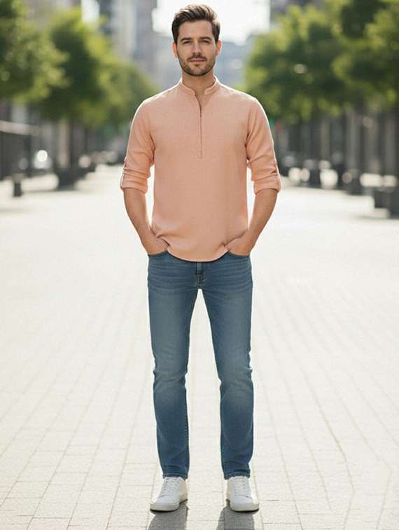 men solid mandarin neck short kurta - 22327515 -  Standard Image - 3