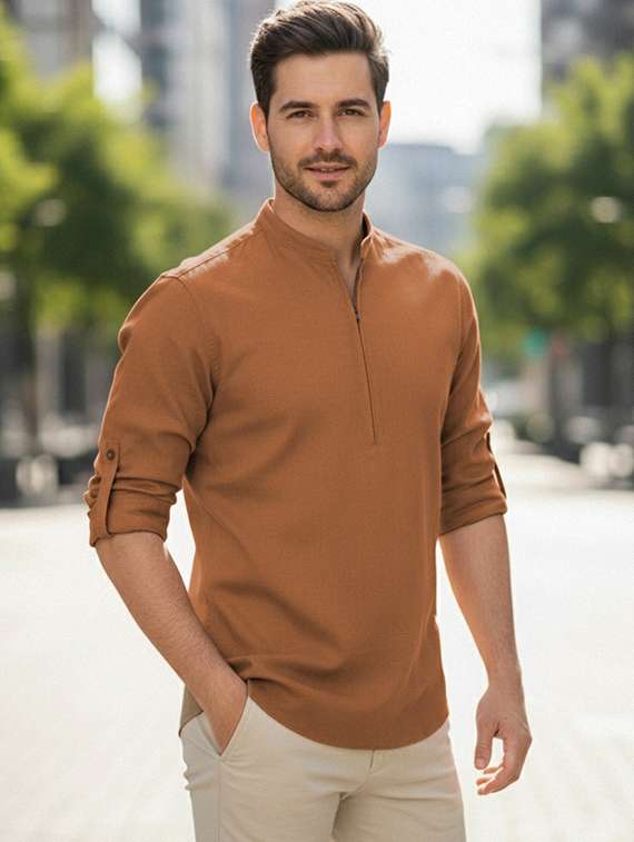 men solid mandarin neck short kurta