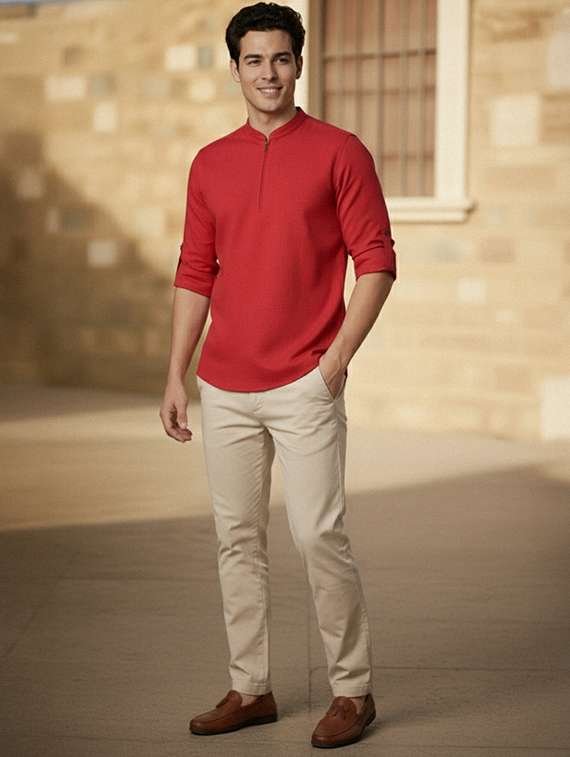 men solid mandarin neck short kurta - 22327531 -  Standard Image - 5