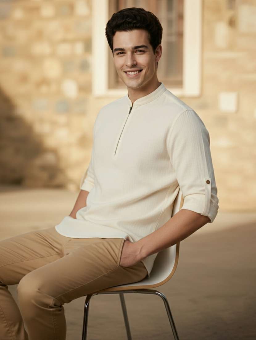 men solid mandarin neck short kurta - 22327545 -  Standard Image - 3