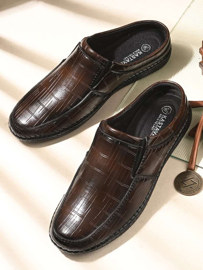 men brown slip on formal shoes