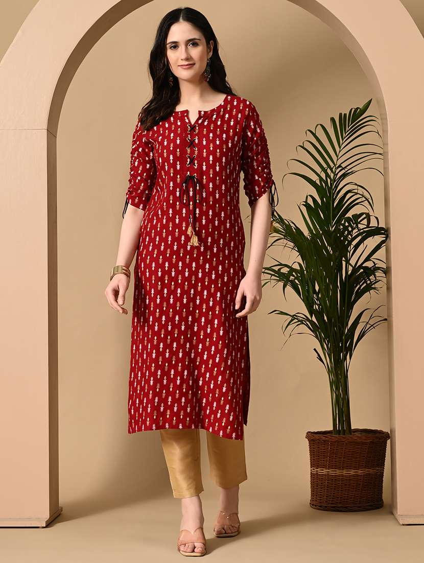 women printed three quarter sleeve straight kurta