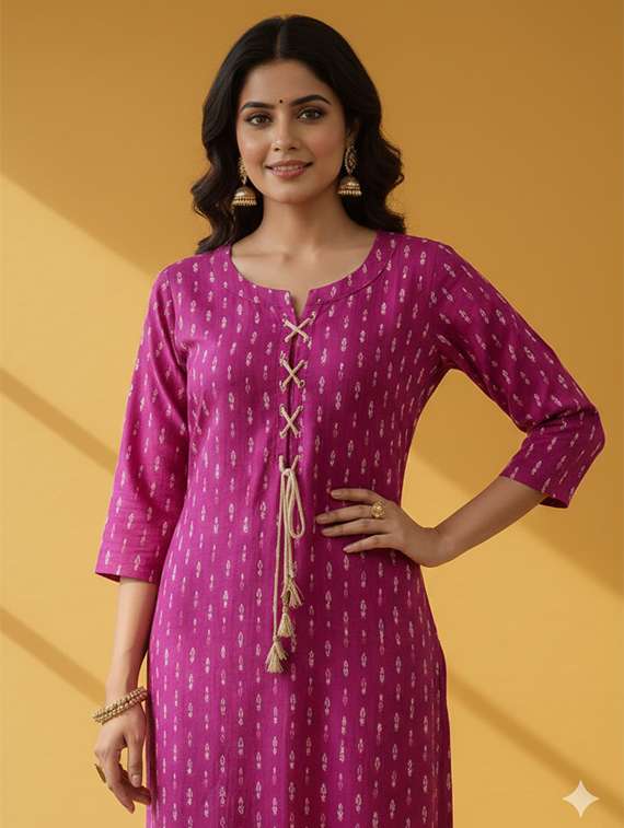 women printed three quarter sleeve straight kurta