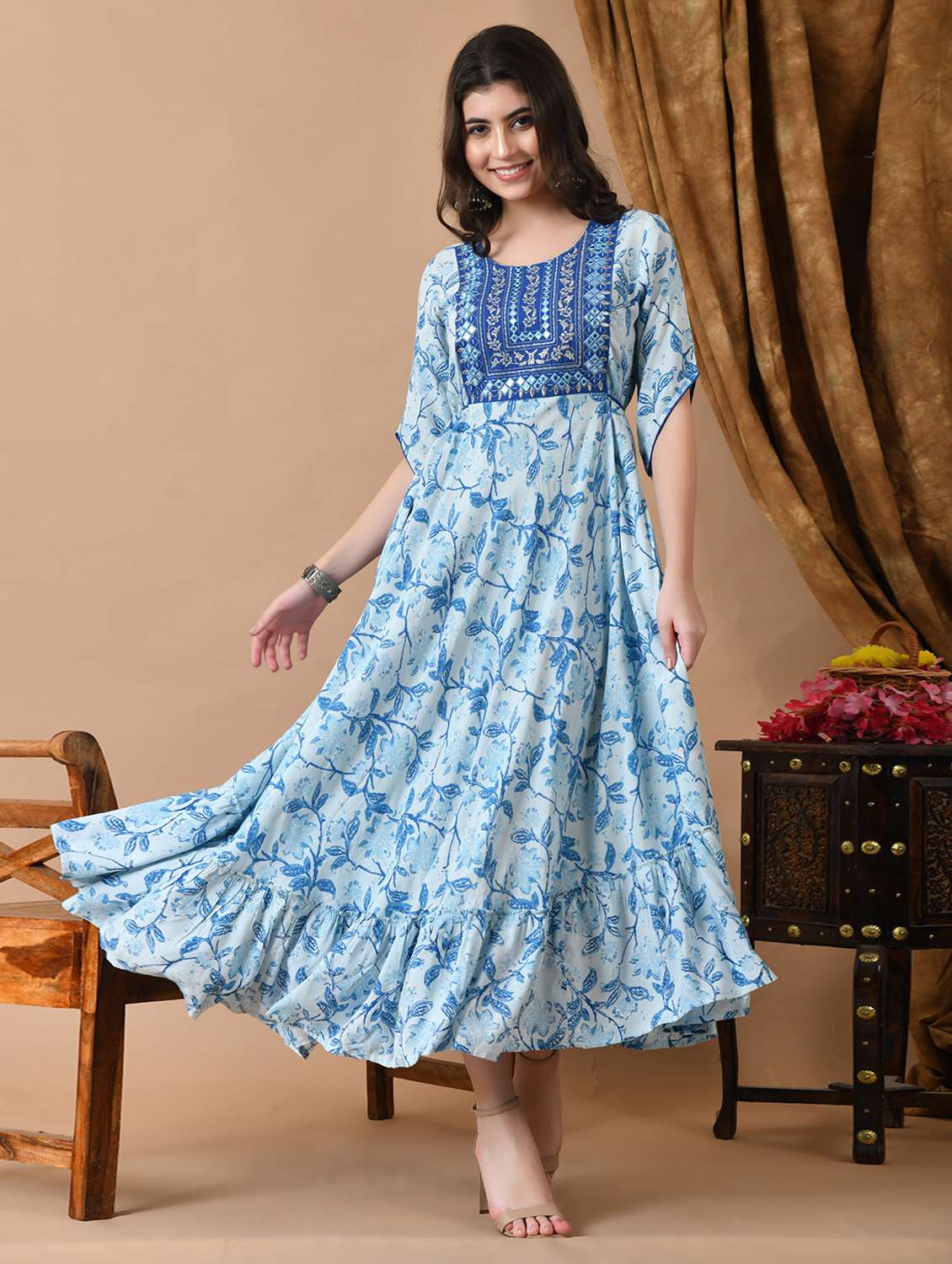 women floral printed short sleeve ethnic dress