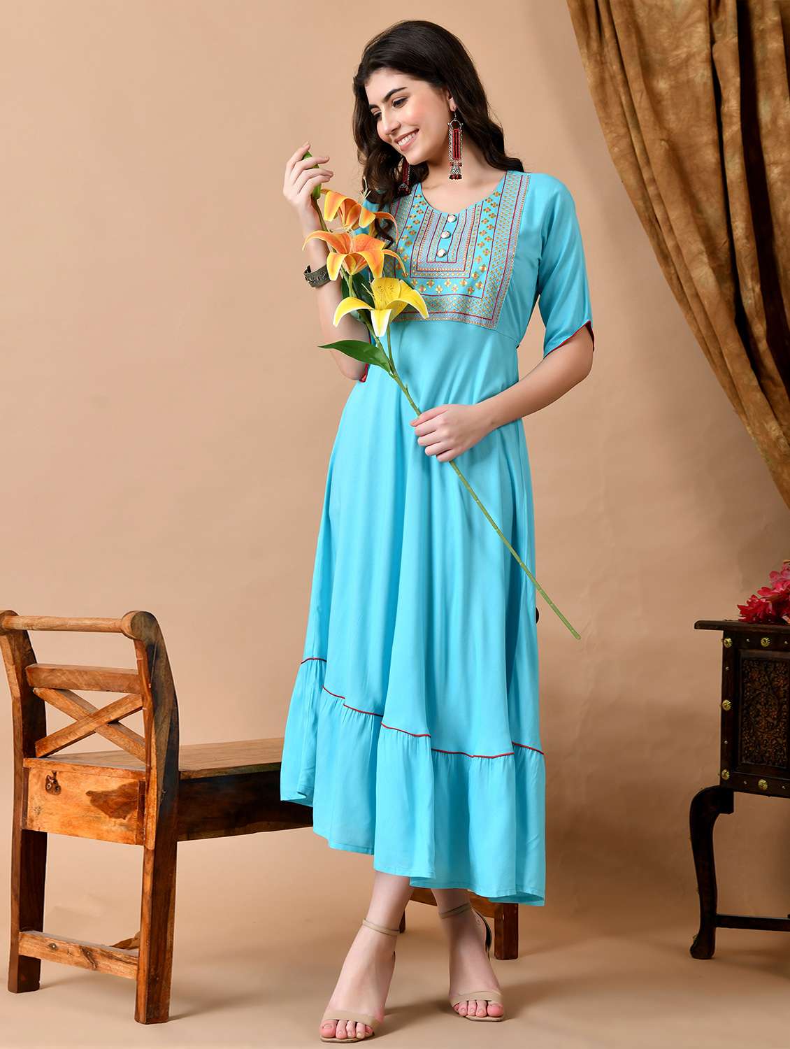 women solid wiith work elbow sleeve ethnic dress