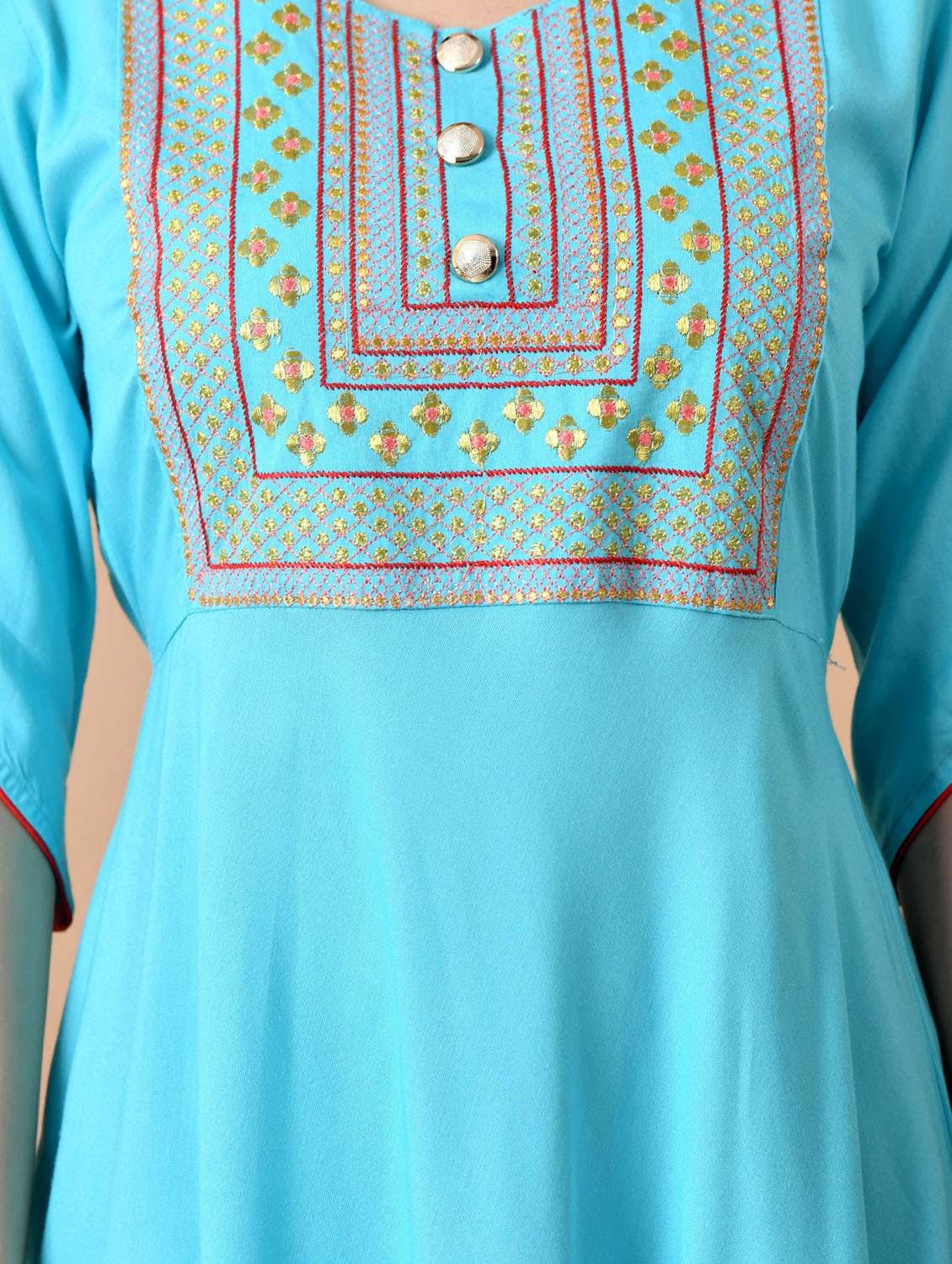 women solid wiith work elbow sleeve ethnic dress - 22327599 -  Standard Image - 3