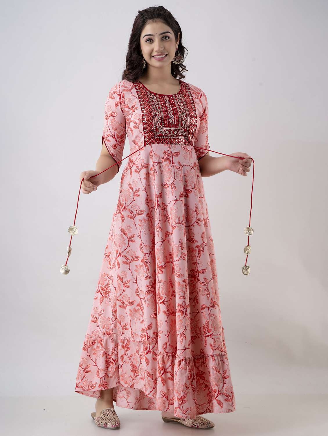 women floral printed elbow sleeve ethnic dress
