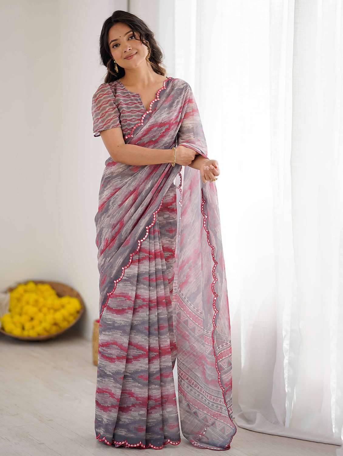 women printed casual wear saree with blouse