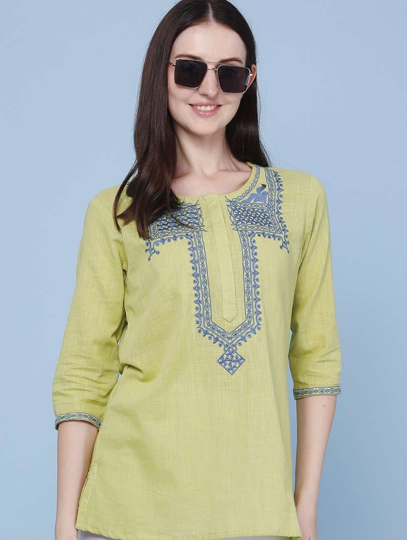 women embroidered three quarter sleeves a-line kurti