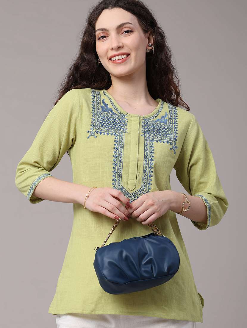 women embroidered three quarter sleeves a-line kurti