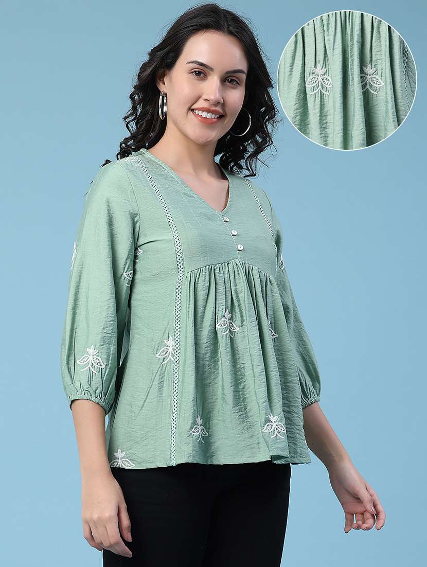 women embroidered three quarter sleeves a-line top - 22327729 -  Standard Image - 3