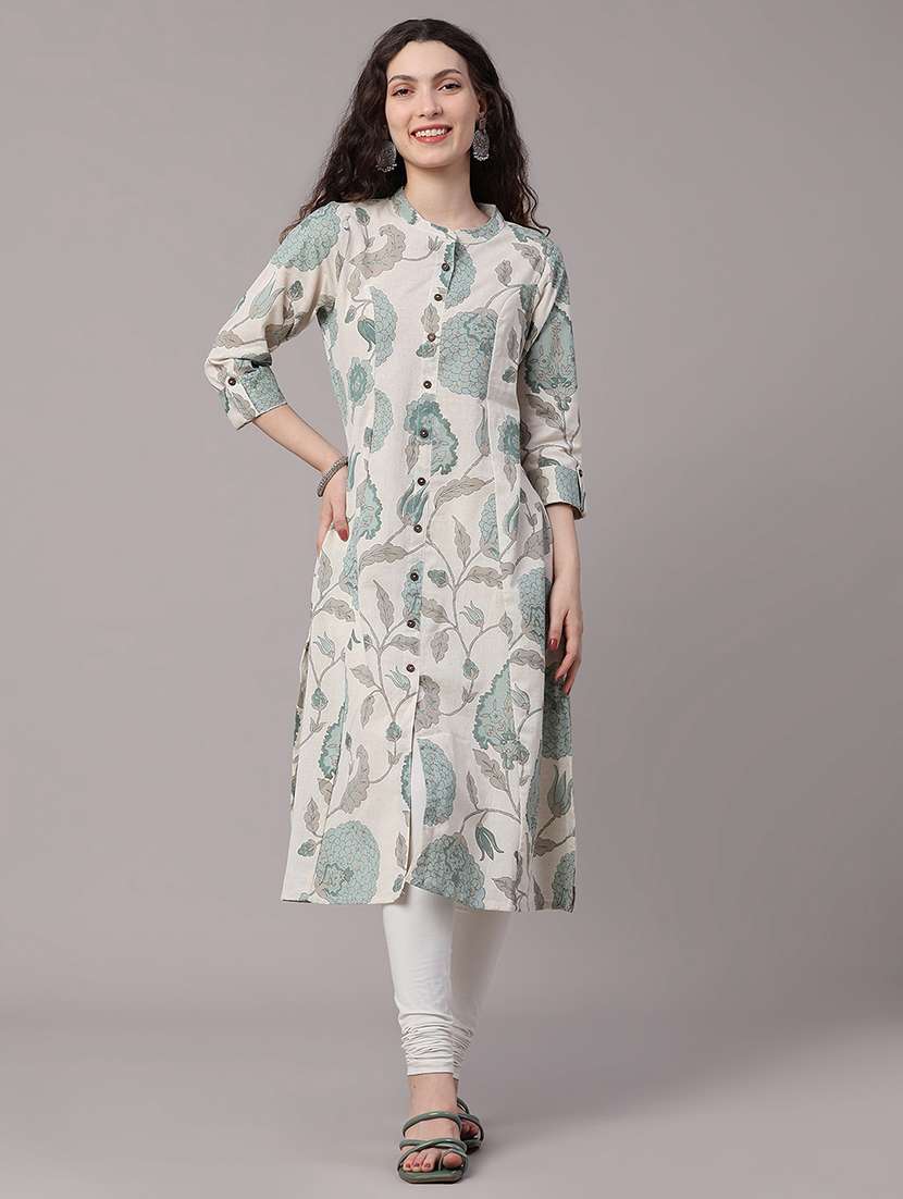 Women Printed Three Quarter Sleeves A-line Kurta - 22327789 -  Standard Image - 3