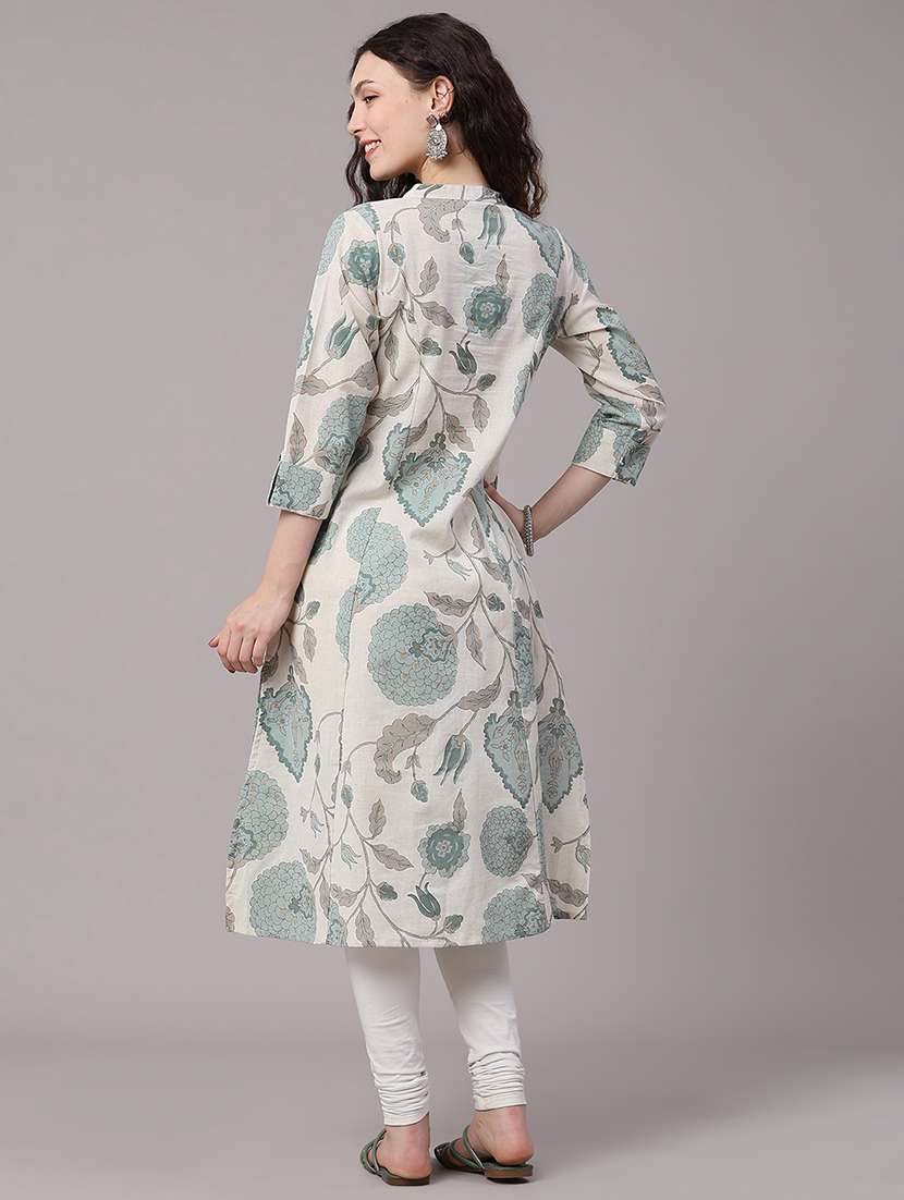 Women Printed Three Quarter Sleeves A-line Kurta - 22327789 -  Standard Image - 5