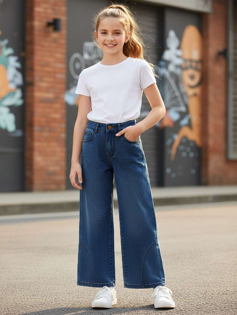 girls plain mid rise wide leg jeans