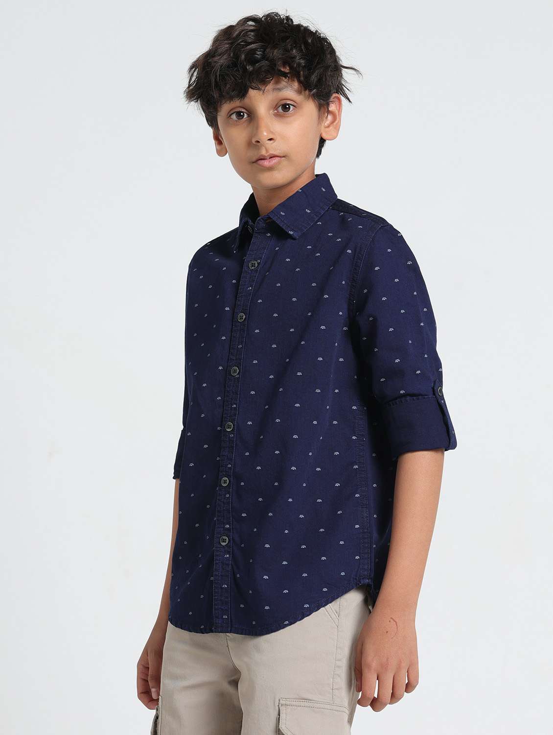 boys printed collared roll up sleeve shirt