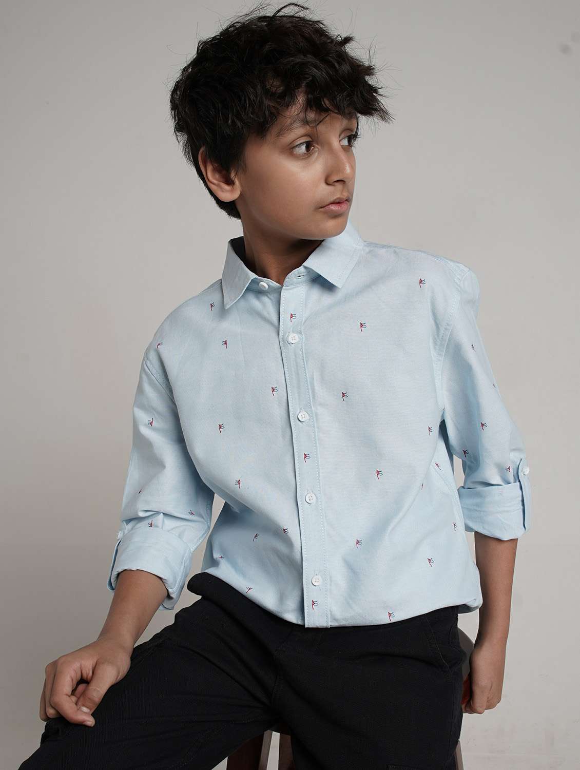 boys printed collared roll up sleeve shirt