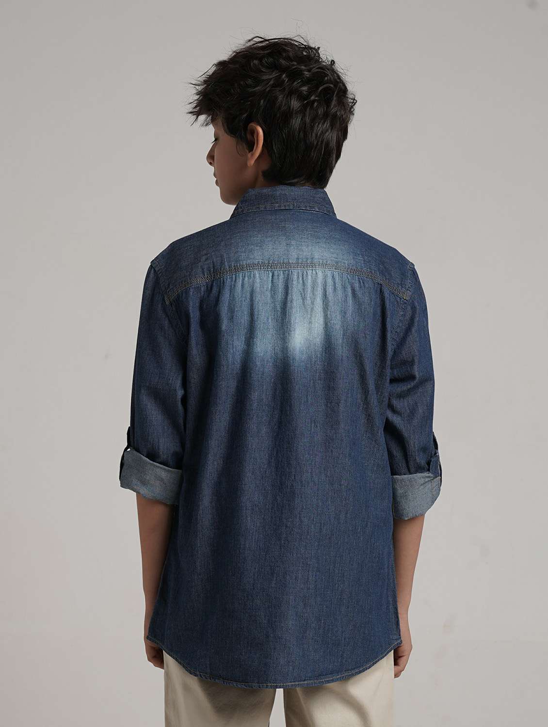 boys printed collared roll up sleeve denim shirt - 22327855 -  Standard Image - 3