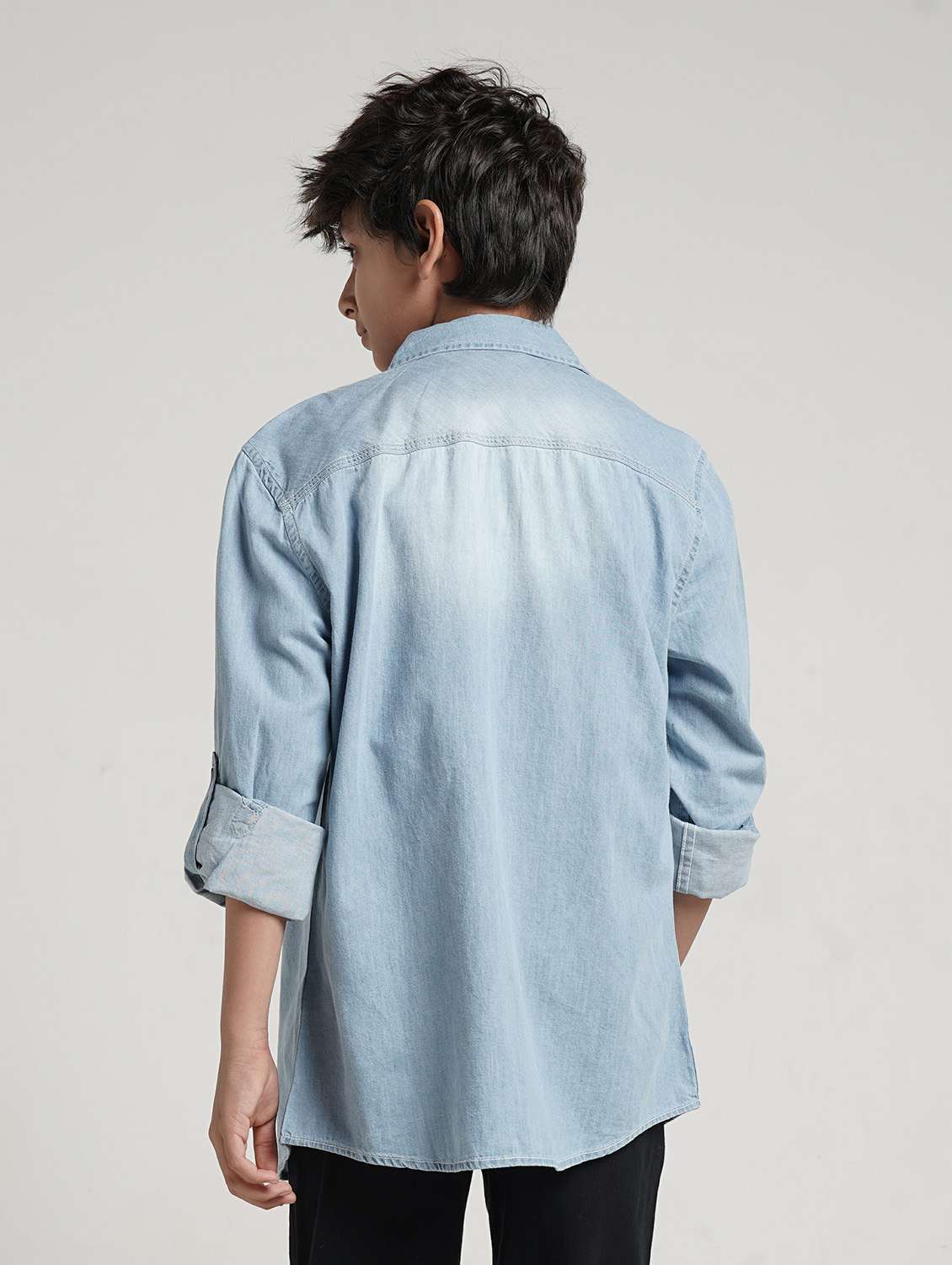 boys printed collared roll up sleeve denim shirt - 22327856 -  Standard Image - 3