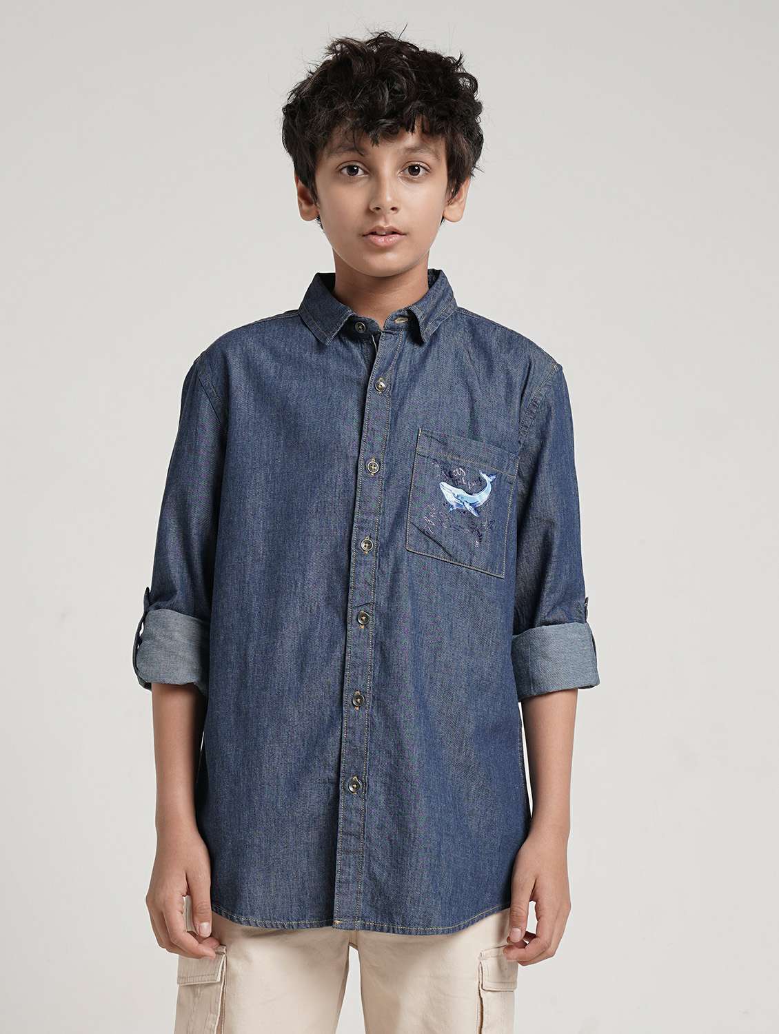 boys solid collared long sleeve denim shirt