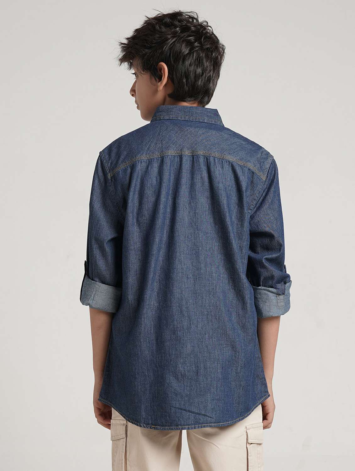 boys solid collared long sleeve denim shirt - 22327857 -  Standard Image - 3