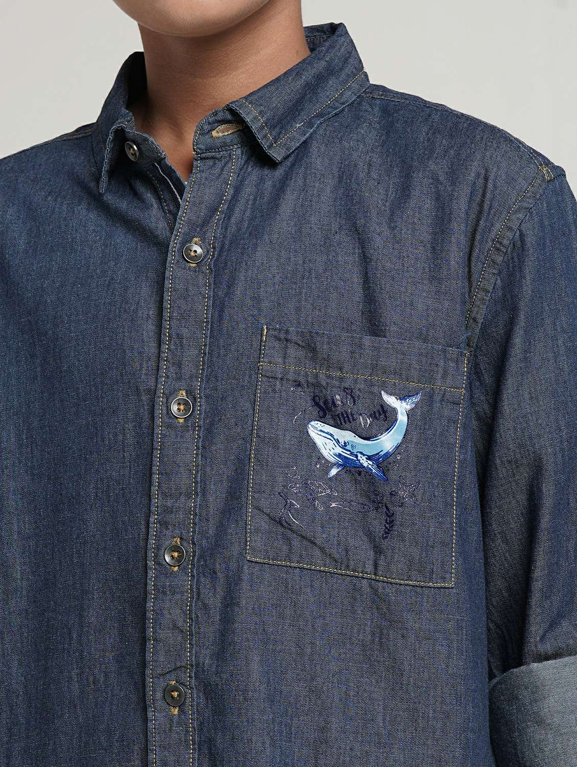 boys solid collared long sleeve denim shirt - 22327857 -  Standard Image - 5