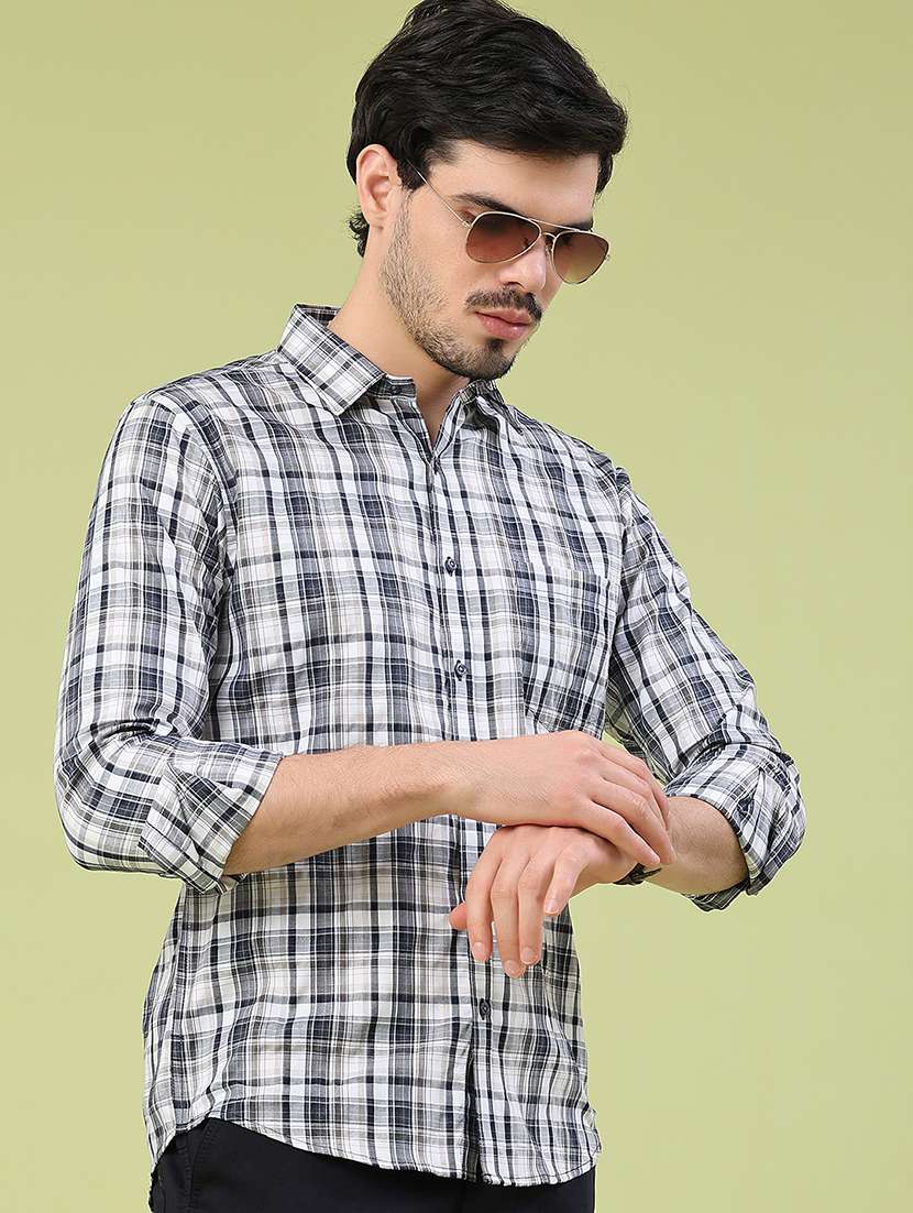men checkered long sleeve slim fit casual shirt
