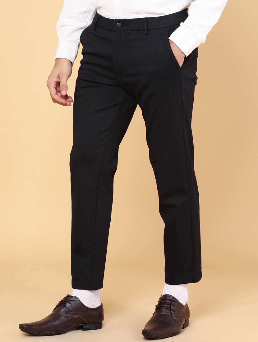 men black cotton flat front casual trouser