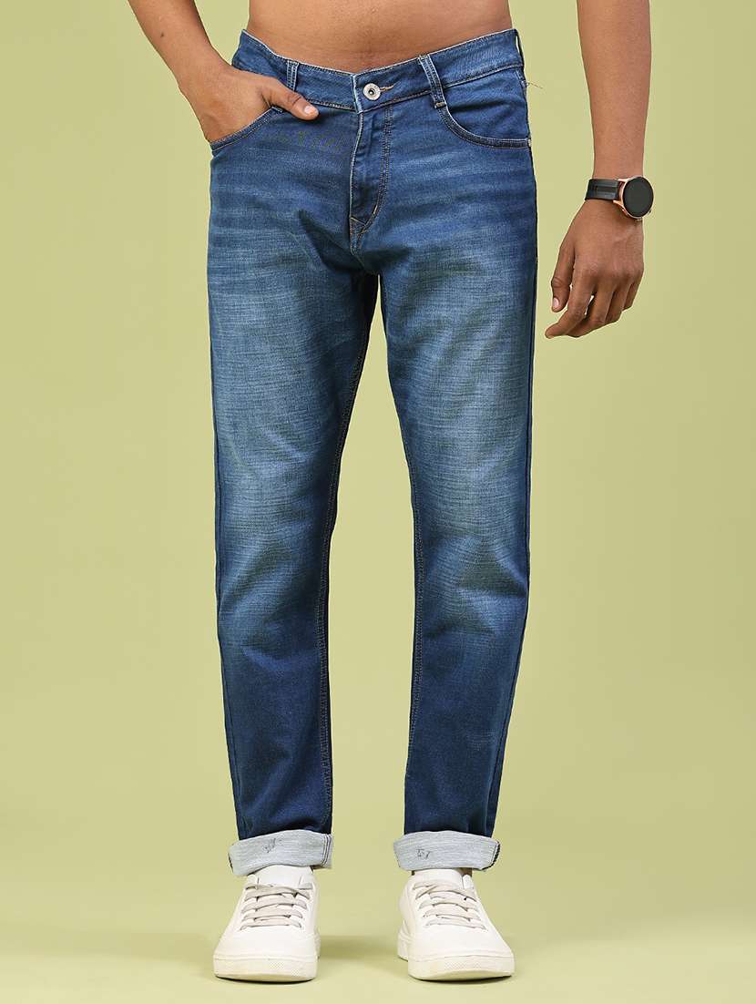 men washed mid rise full length jeans