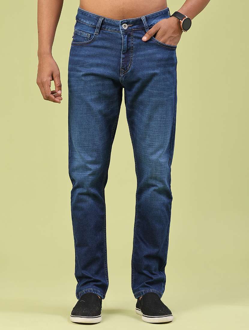 men washed mid rise full length jeans