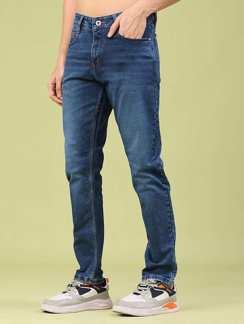 men washed mid rise full length jeans