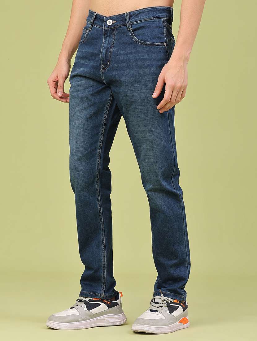 men washed mid rise full length jeans