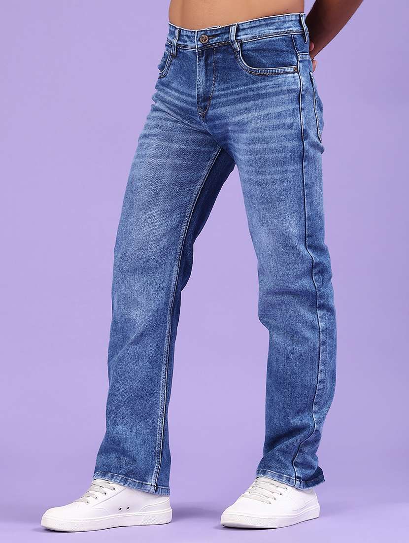 men washed mid rise full length jeans