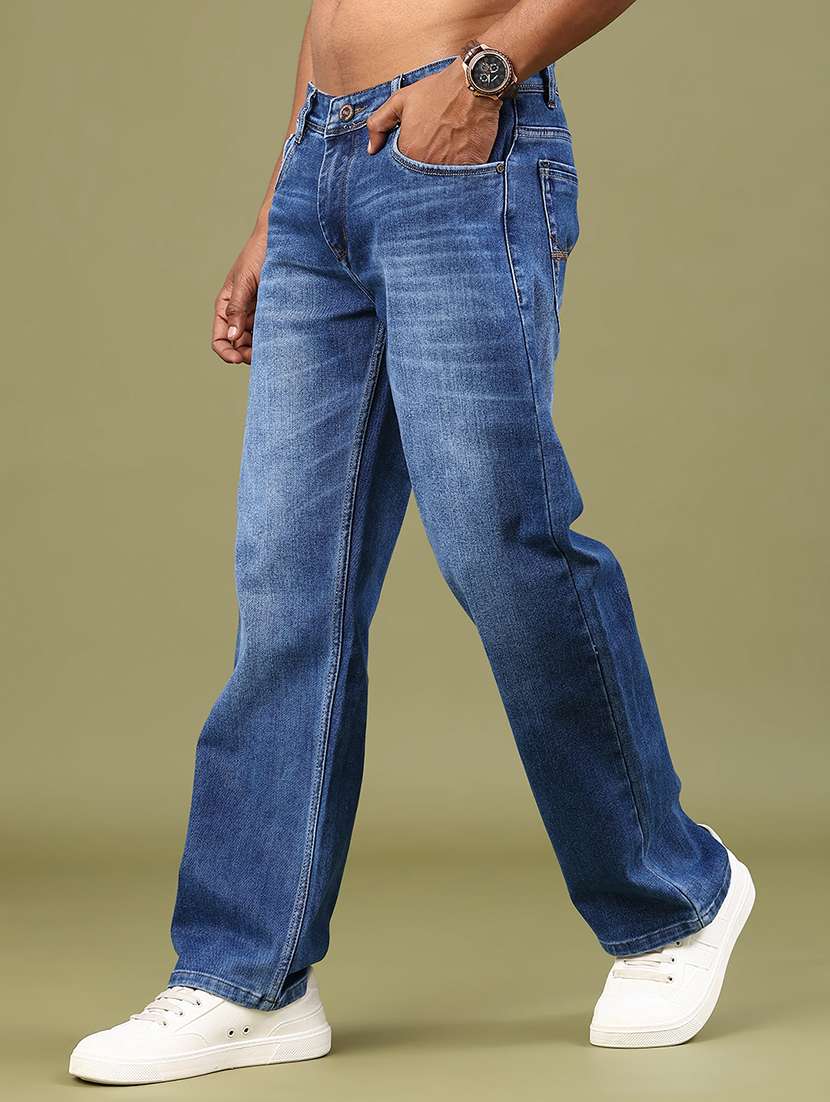 men washed mid rise full length jeans