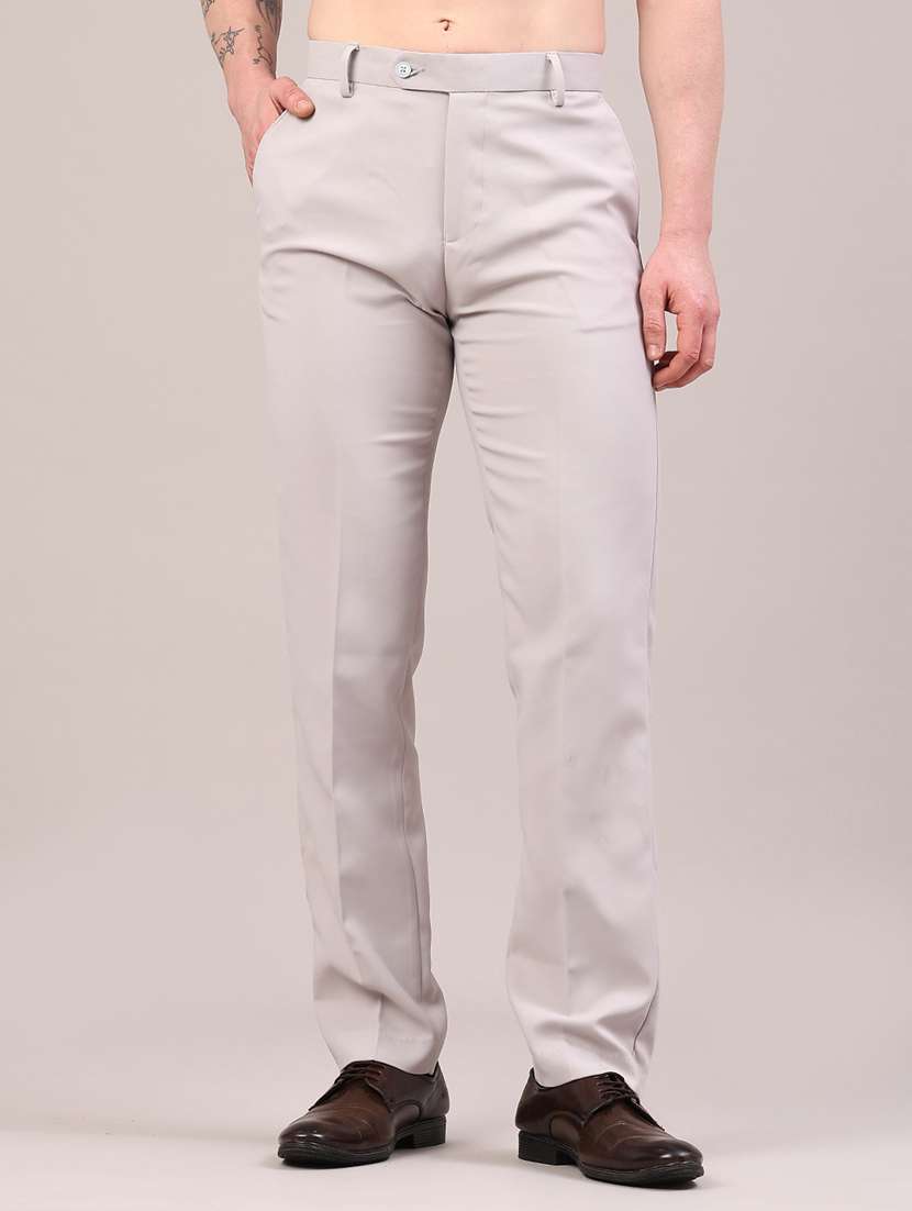 men grey cotton flat front trousers formal trouser