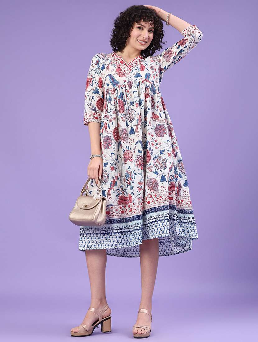 women printed three quarter sleeve flared dress