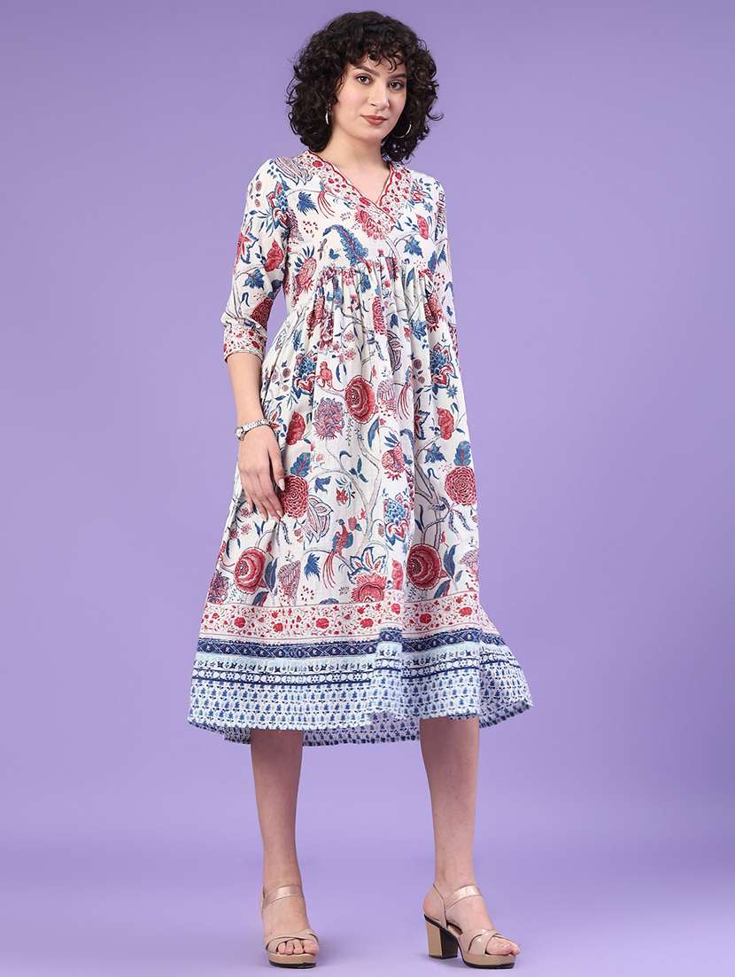 women printed three quarter sleeve flared dress - 22328417 -  Standard Image - 3
