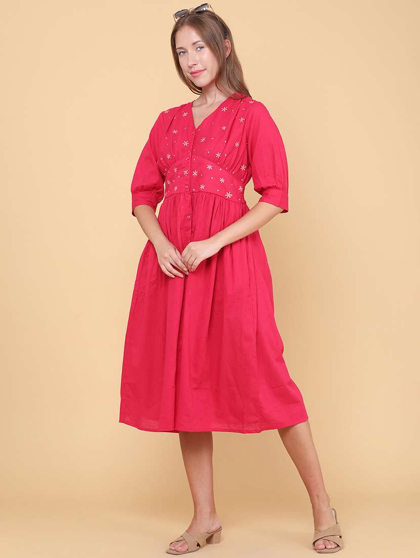 women embroidered three quarter sleeves a-line dress