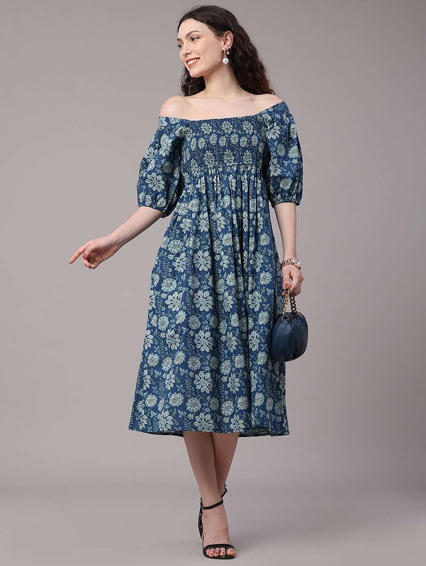 women printed puff sleeves a-line dress