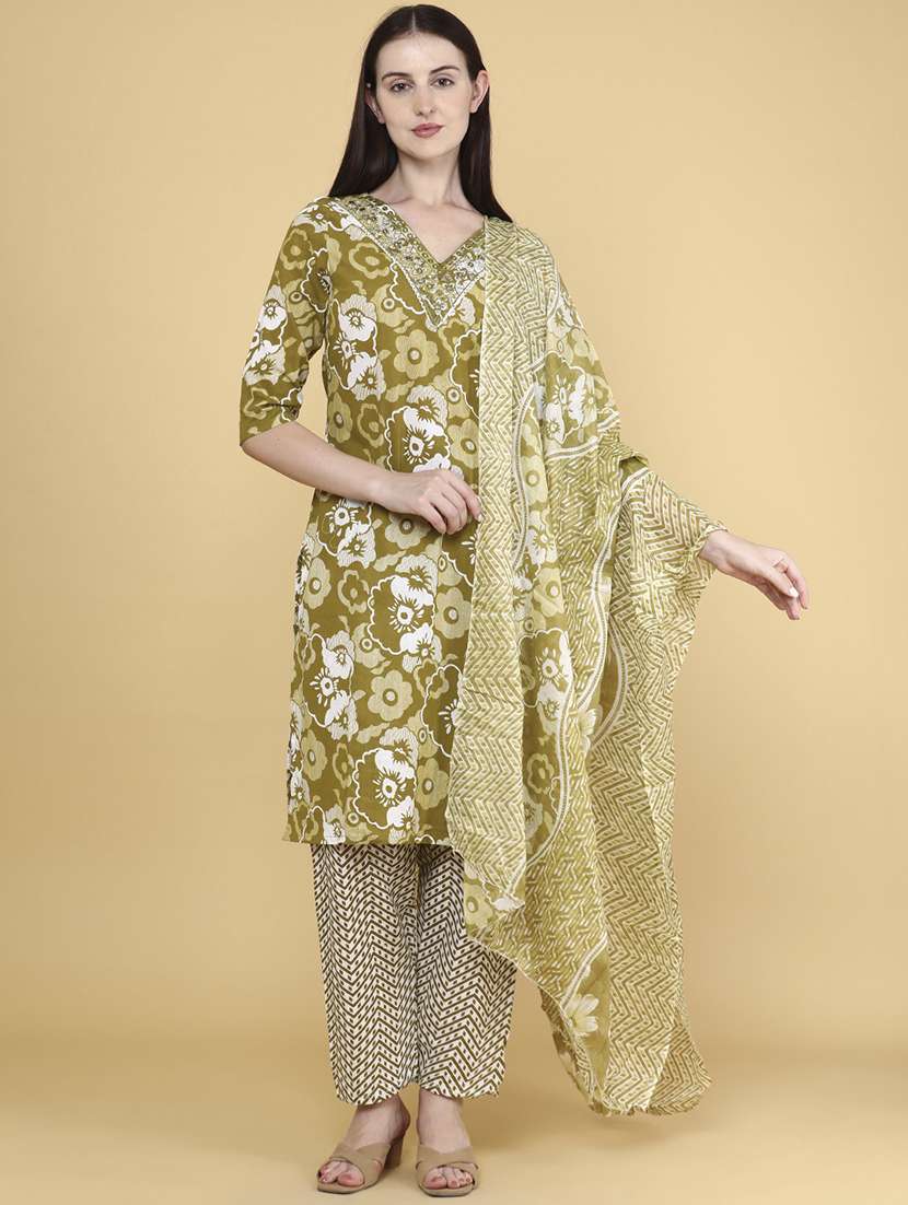 olive cotton kurta pant  set
