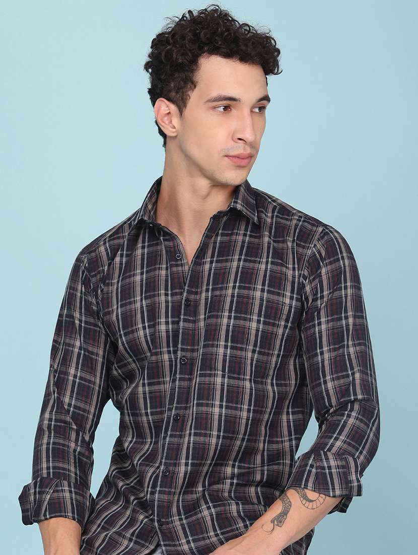 men checkered long sleeve slim fit casual shirt