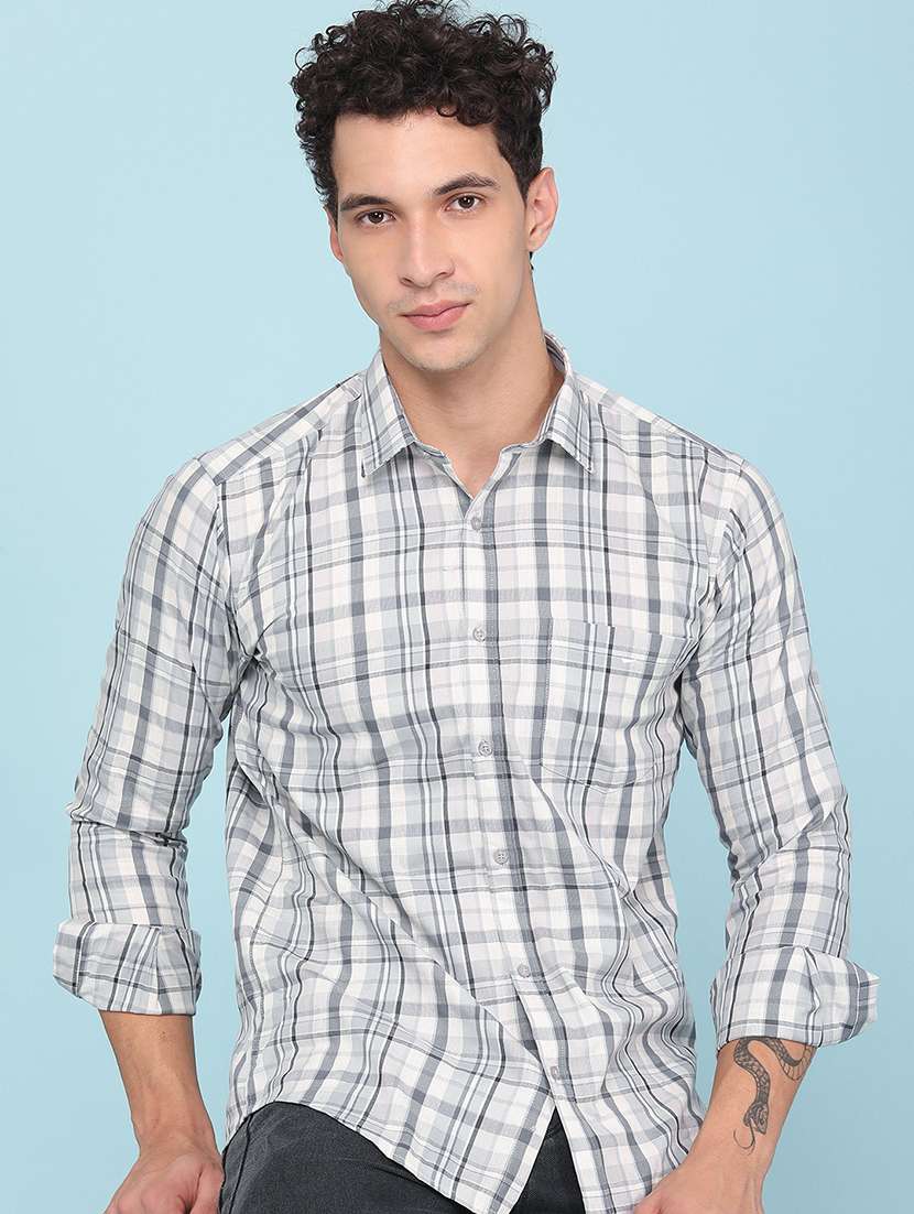 men checkered long sleeve slim fit casual shirt