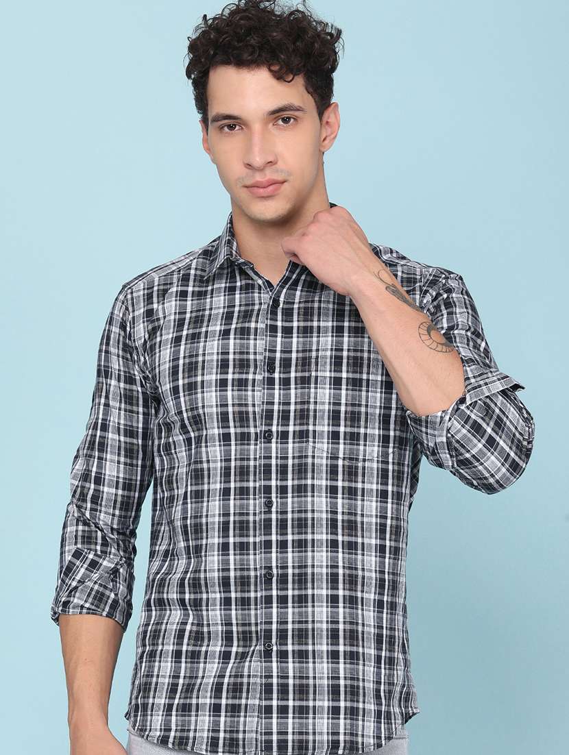 men checkered long sleeve slim fit casual shirt