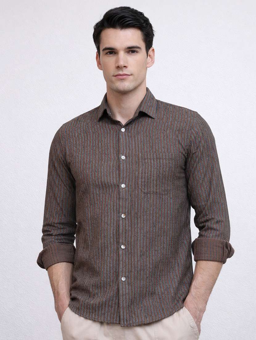 men striped long sleeve regular fit casual shirt