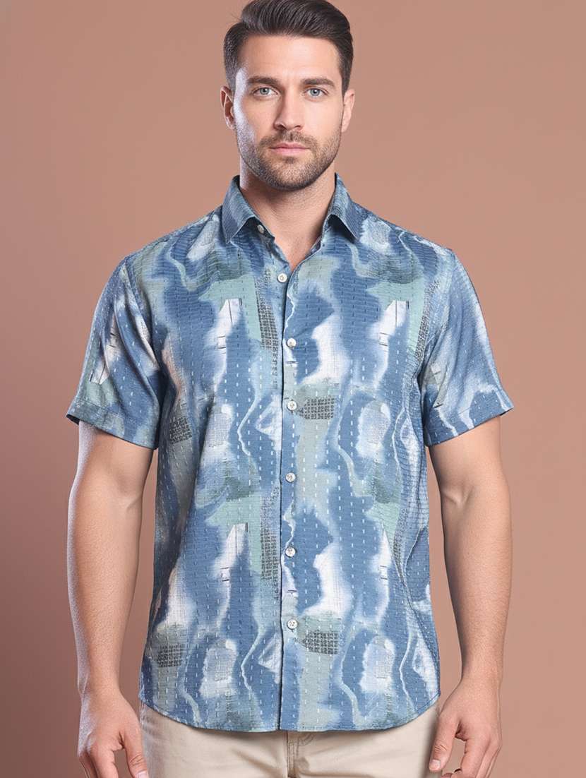 men abstract short sleeve regular fit casual shirt