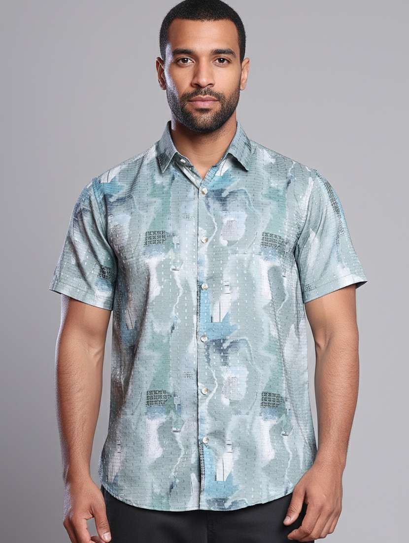 men abstract short sleeve regular fit casual shirt