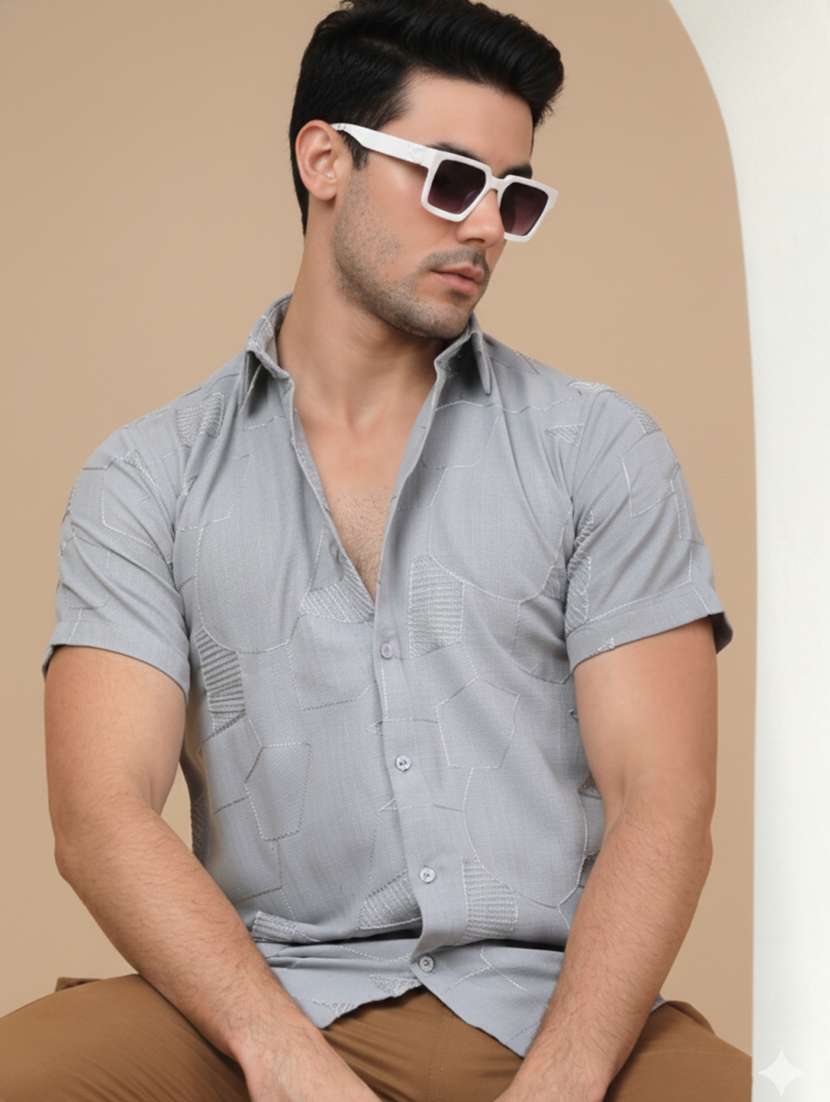 men geometric short sleeve regular fit casual shirt