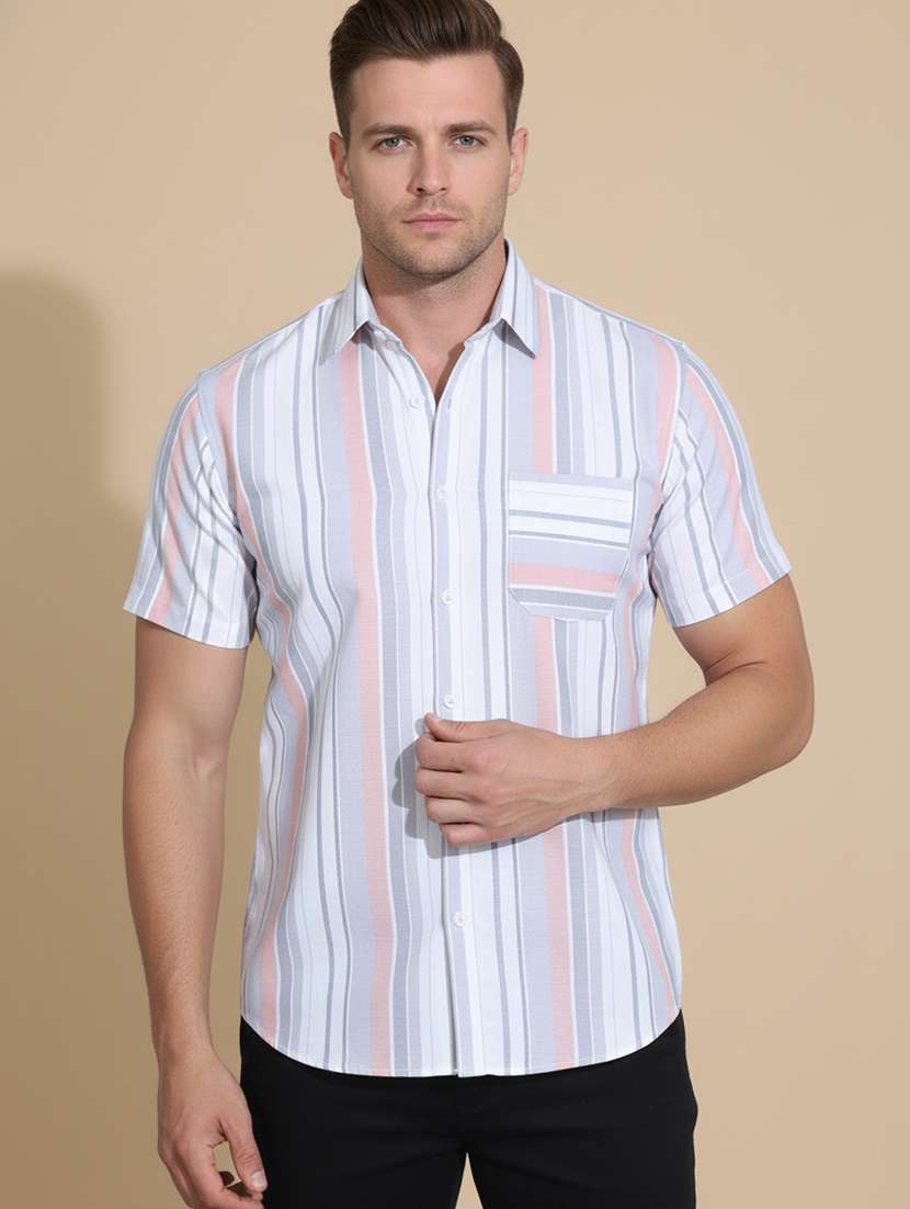 men striped short sleeve regular fit casual shirt
