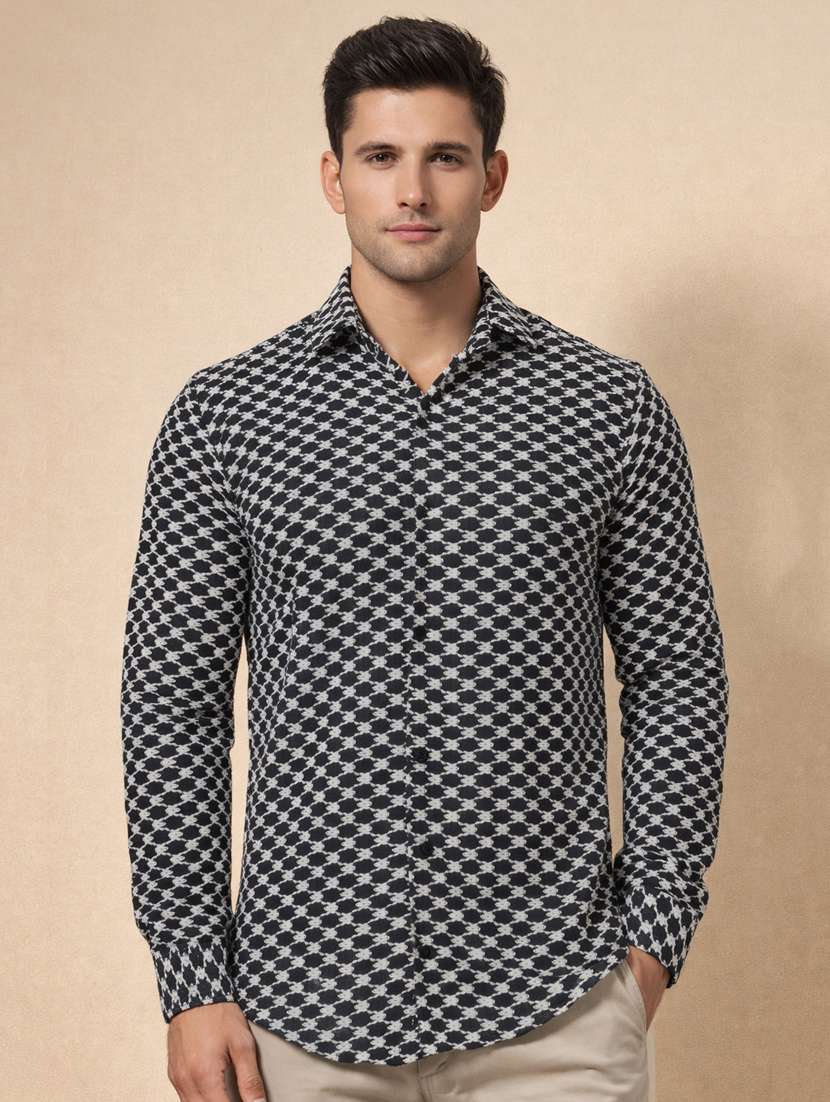 men self design long sleeve regular fit casual shirt