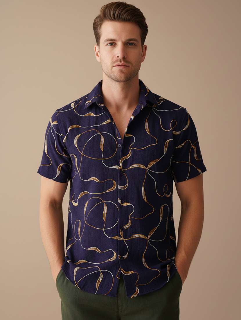 men abstract short sleeve regular fit casual shirt